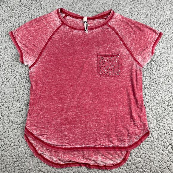 Seven7 Studded Burnout Shirt Womens Large Red Sheer Short Sleeve Pocket Tee - Picture 1 of 7